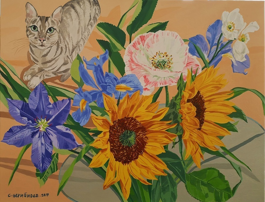Still Life bouquet of flowers sunflowers and Cat