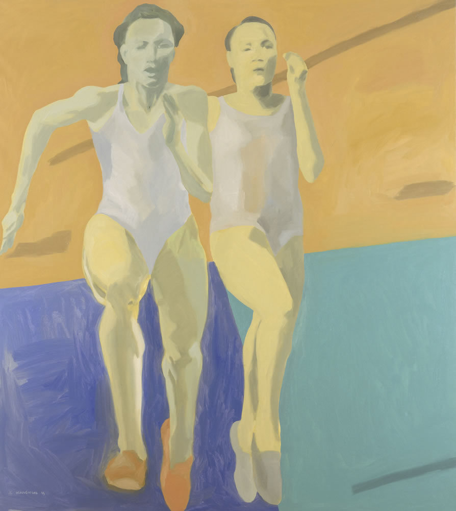 Two figures reaching the finish line